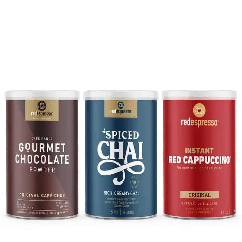 Mixed Tins Trio: Instant Red Cappuccino® Original + Original Café Choc + Instant Spiced Chai
